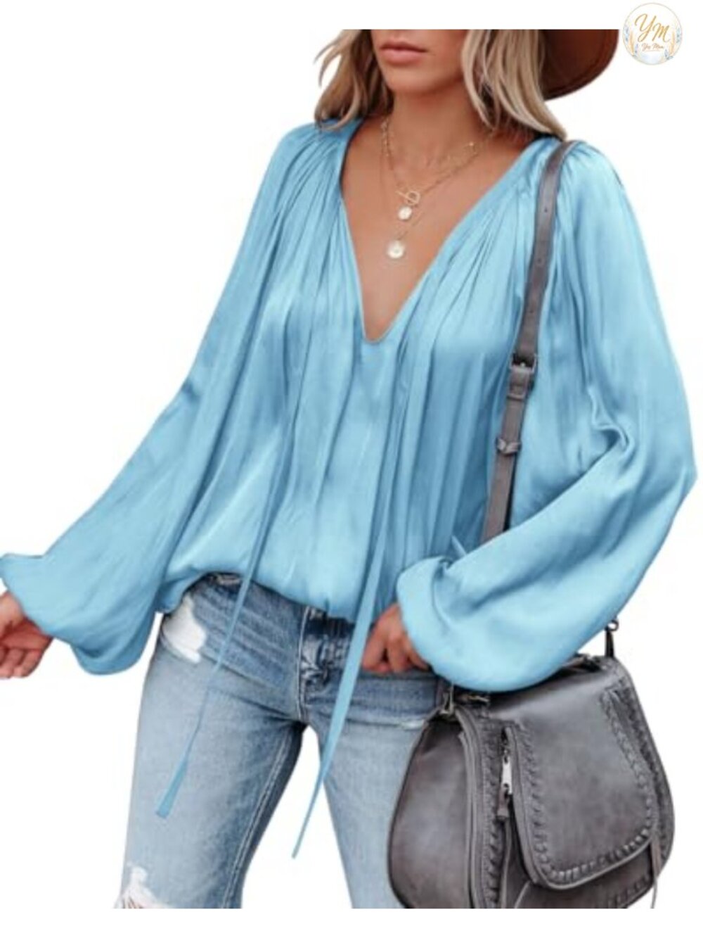 Womens Deep V Neck Satin Blouse Bell Long Sleeve Flowy Tunic Top
